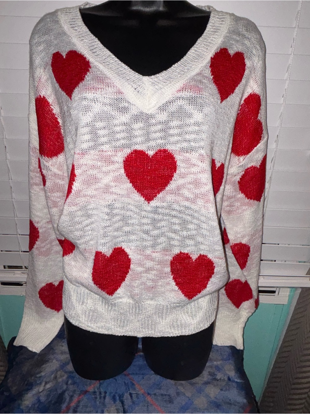 Adora Women’s Cream V-Neck Sweater with Red Heart Pattern